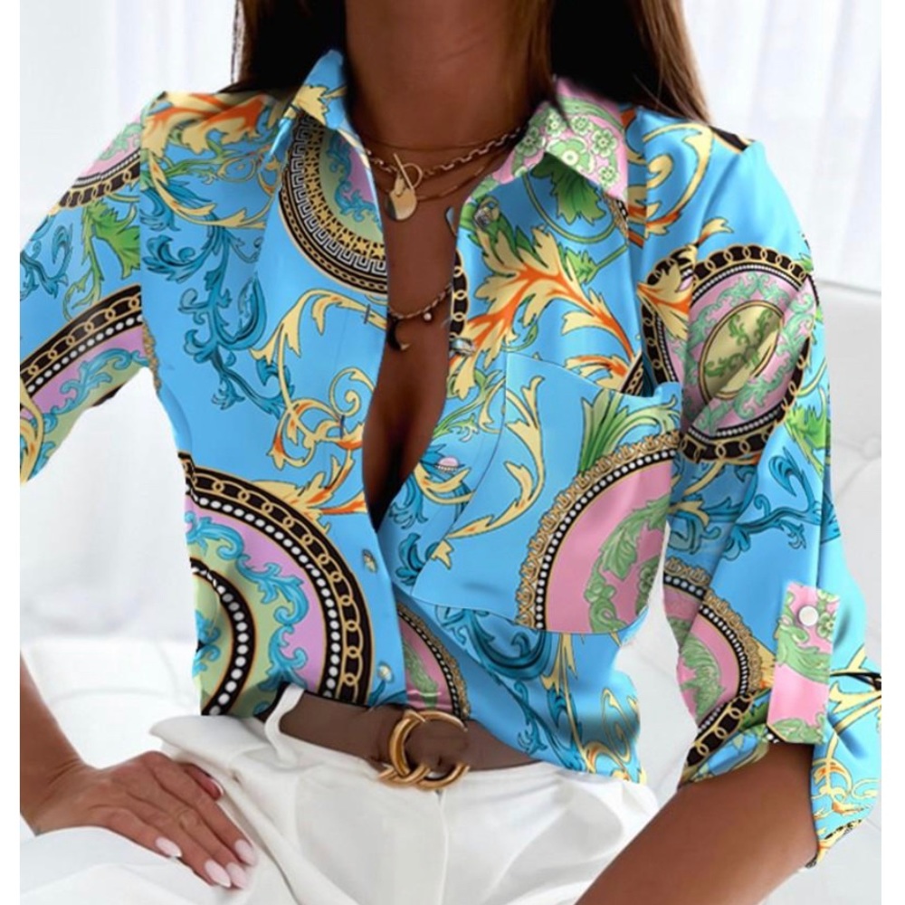 😍 NEW Gold Necklace Chain Print Aqua Blouse Top